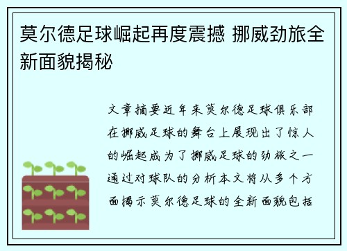 莫尔德足球崛起再度震撼 挪威劲旅全新面貌揭秘
